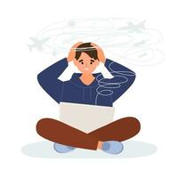 triste ansioso hombre con computadora portátil, leyendo malo noticias, mensaje en Internet. negativo emoción. plano vector ilustración aislado en blanco antecedentes.