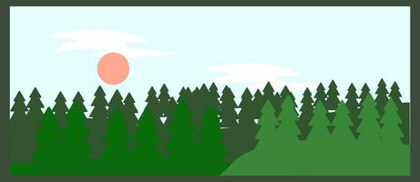 Picture dense Green Spruce Forest. Panoramic view Landscape, Sky and sun with clouds on background. Simple Vector illustration forest for logo or printing on business cards of a national park