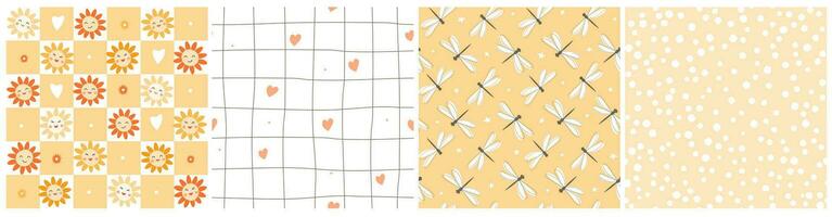 A set of seamless patterns with abstract drawings on the background of cells, grids, squares. Summer simple prints with flowers, dragonflies, hearts, dots. Vector graphics.