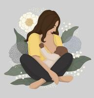 a woman breastfeed her newborn baby. delicate vector illustration on a background of leaves and flowers. breastfeeding support