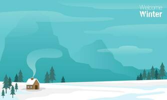 Welcome Winter banner with a small house in the middle of the ice field vector