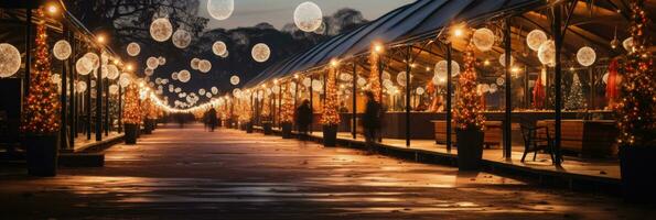 Australian festive markets glittering with holiday lights background with empty space for text photo