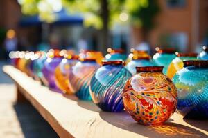 Italian market displaying colourful glass creations background with empty space for text photo