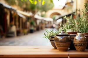 Mediterranean holiday market with quaint pottery displays background with empty space for text photo