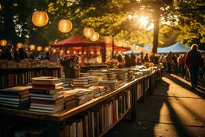 británico al aire libre fiesta libro establos rebosante con literario tesoros en mercados foto