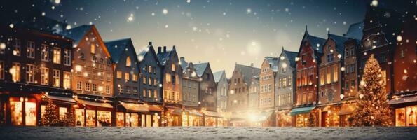 Enchanting European Christmas market stalls background with empty space for text photo