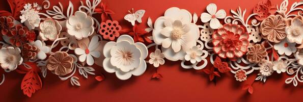 intrincado papel cortar decoraciones a chino nuevo año mercados antecedentes con vacío espacio para texto foto
