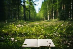 Handwritten journal open in serene forest background with empty space for text photo