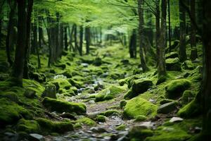 Shinrin yoku in a dense green forest background with empty space for text photo