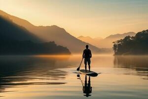 Paddleboarder on serene lake at sunrise background with empty space for text photo