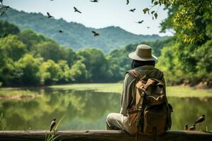 Birdwatcher observing in tranquil wildlife sanctuary background with empty space for text photo