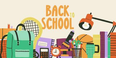 Back to school banner. School bag, school supplies, education. Vector illustration in flat style