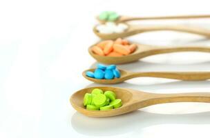 Many colorful pills on spoon arrange in row on white background photo