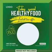 Healthy food social media post and banner design with green background. Vector design with photo collage. Usable for social media, flyer, banner and web internet ads.