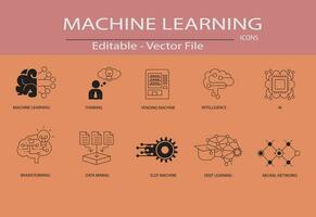 máquina aprendizaje concepto íconos utilizar diseñado para contiene tal íconos como algoritmos, datos minería, inteligente inteligencia, lluvia de ideas, pensamiento, y más, cuales lata ser usado para web y aplicaciones vector