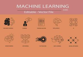 máquina aprendizaje concepto íconos utilizar diseñado para contiene tal íconos como algoritmos, datos minería, inteligente inteligencia, lluvia de ideas, pensamiento, y más, cuales lata ser usado para web y aplicaciones vector