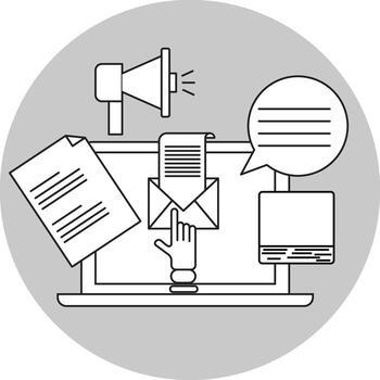 icon of a computer with a loudspeaker, office document, email template vector illustration.