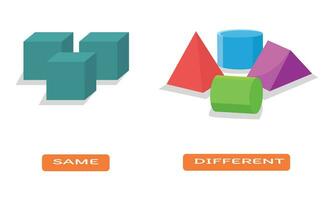 Opposite adjective antonym word same and different geometry shapes vector