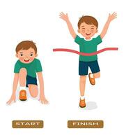 Opposite adjective antonym word start and finish illustration of little boy ready to run and finishing the race vector
