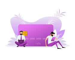 Flat credit card with people on a white background. Vector illustration