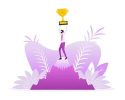 Success award people in flat style on gold background. Champion trophy, gold cup. Flat illustration. vector