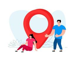 Man and woman standing near location pin. Pin Pointer. vector