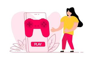 un mujer soportes cerca el teléfono inteligente, en el pantalla juego controlador. jugando vídeo juego. vector