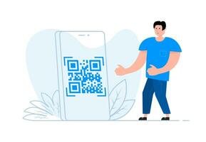 un hombre soportes cerca el teléfono inteligente, en el pantalla qr código con escanear yo icono vector