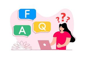 A woman stands near the smartphone, on the screen bubble aasked questions FAQ. vector