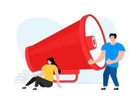 A man and a woman are standing near megaphone. Advertisement campaign, promotion, marketing. vector