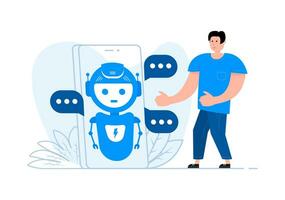 People stands near the smartphone, on the screen Robot. Chat Bot. Artificial Intelligence. vector