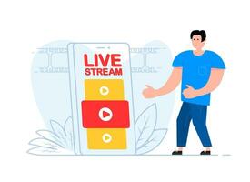 A man stands near the smartphone, on the screen live stream. Layer, broadcast, website. vector