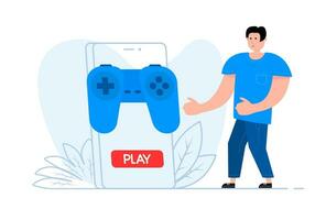 A man stands near the smartphone, on the screen Game Controller. Playing Video Game. vector