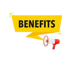 Benefits Announcement Megaphone Label. Loudspeaker speech bubble. vector