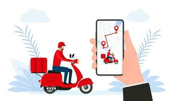 Delivery app on a smartphone tracking a delivery man on a moped. Delivery and online shopping. vector