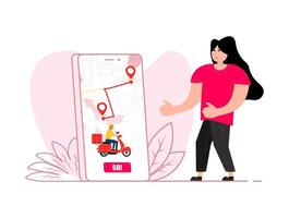 Delivery app on a smartphone tracking a delivery man on a moped. Delivery and online shopping. vector