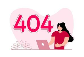 un mujer soportes cerca el teléfono inteligente, en el pantalla error 404 página. sistema error. vector