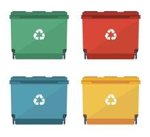 Waste bins of different sizes and different colors with a recycling sign. Vector illustration.