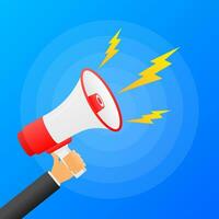 Hands hold red megaphone. Flat loudspeacker on blue background. Vector illustration.