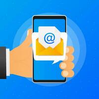 Hand holds phone with mail post message on blue background. Vector illustration.