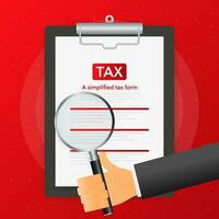 Hand holds magnifying glass over tablet with tax form on red background. Vector illustration.