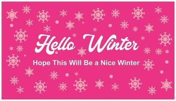 Hello winter. Greeting card with snowflakes. Vector illustration. Background in soft pink with snowflake texture. Suitable for Christmas and winter designs