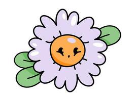 Cute cartoon kawaii character daisy flower with leaves in retro 70s style. Groove plant. Funny emotion. Vector illustration of print on clothes, poster design, decoration.