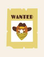Vector image of a wanted bandit cat. Children's colorful illustration on the theme of the Wild West. Cowboy cat for poster and print.