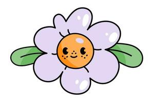 Cute cartoon kawaii character daisy flower with leaves in retro 70s style. Groove plant. Funny emotion. Vector illustration of print on clothes, poster design, decoration.