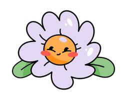 Cute cartoon kawaii character daisy flower with leaves in retro 70s style. Groove plant. Funny emotion. Vector illustration of print on clothes, poster design, decoration.