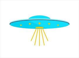 Vector illustration in flat style. Ultra violet UFO with lights. Alien space ship. Futuristic unknown flying object. Isolated on white background