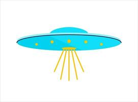 Vector illustration in flat style. Ultra violet UFO with lights. Alien space ship. Futuristic unknown flying object. Isolated on white background