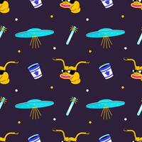 Vector modern cool pattern on the theme of space, aliens and extraterrestrials arriving on spaceships. Printable flat vector illustration for textile, fabric, wallpaper, wrapping.