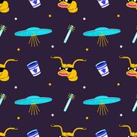 Vector modern cool pattern on the theme of space, aliens and extraterrestrials arriving on spaceships. Printable flat vector illustration for textile, fabric, wallpaper, wrapping.